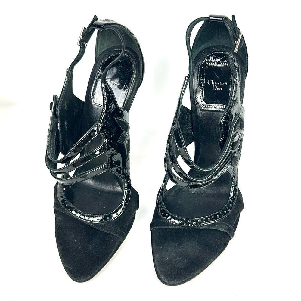 CHRISTIAN DIOR Black Patent Leather Suede Strappy Heels Pumps Sandals 37,5 US5,5 - Picture 4 of 16